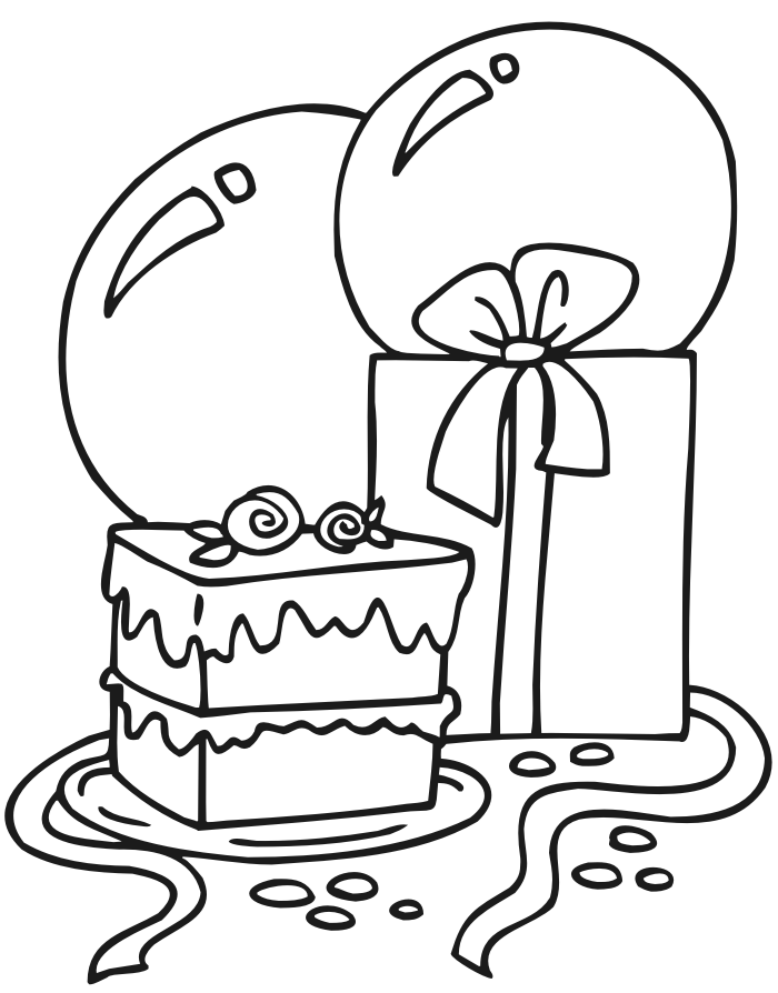 birthday cake coloring pages with gift and balloons