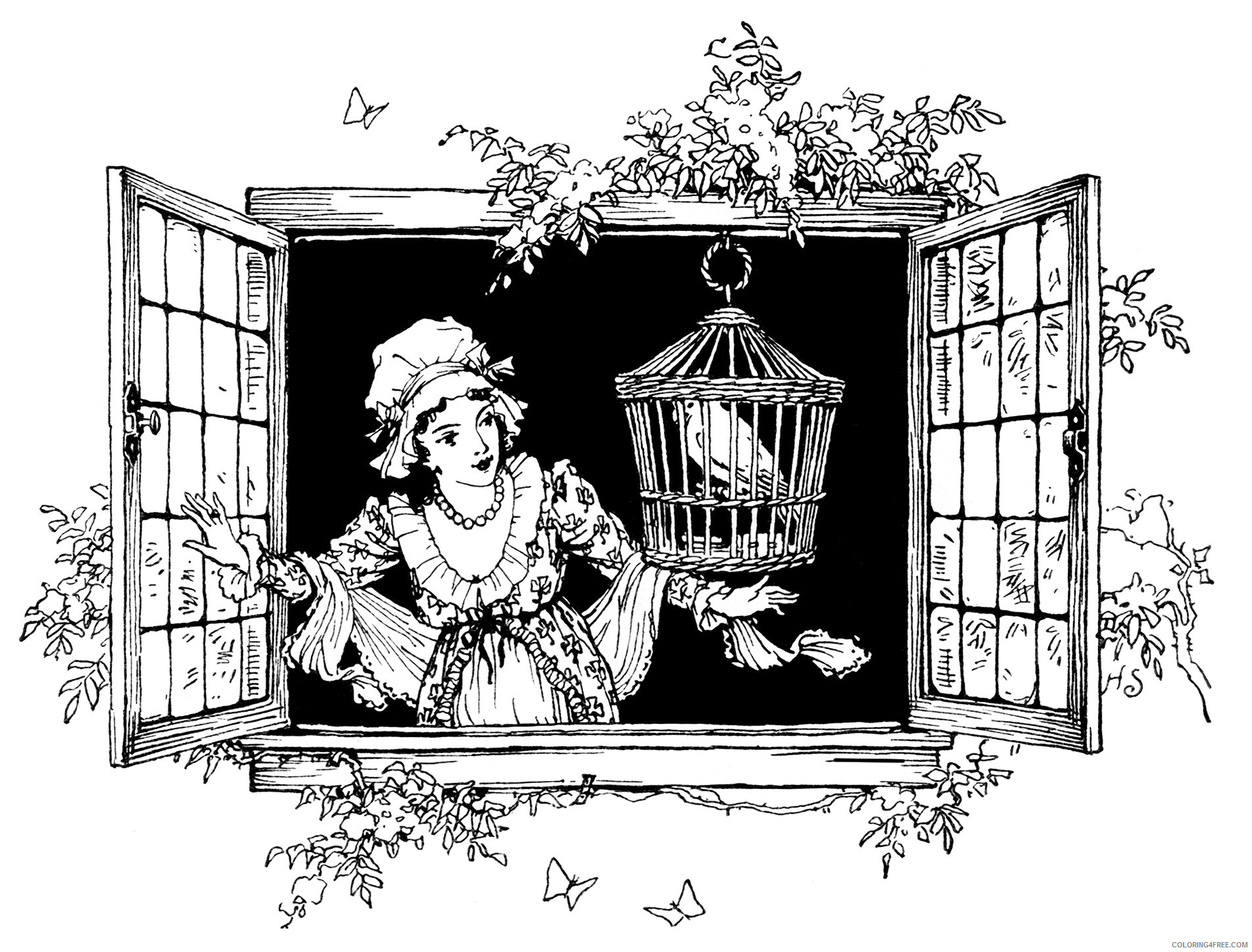 Black and White Bird Coloring Pages victorian lady girl and Printable Coloring4free
