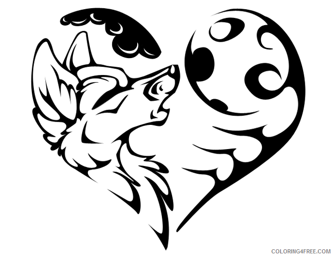 Tribal Wolf Coloring Pages tribal wolf amp moon heart Printable Coloring4free