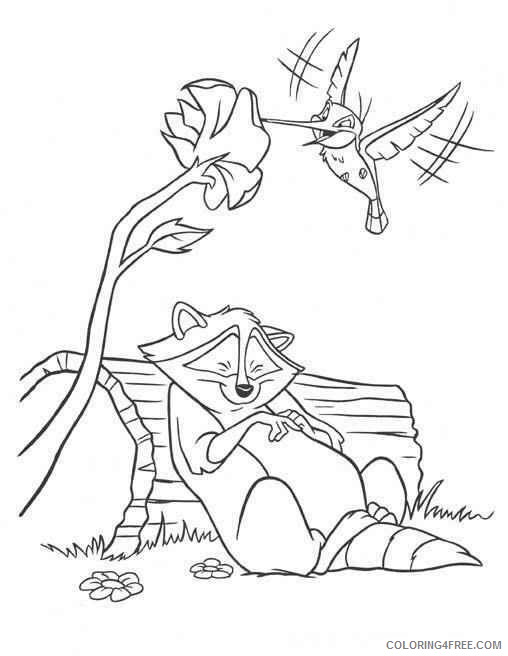 Pocahontas Coloring Pages Cartoons pocahontas raccoon sleeping and colibri bird Printable 2020 5028 Coloring4free