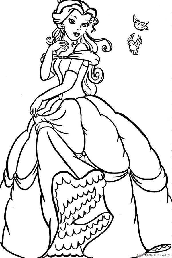 Princess Belle Coloring Pages Cartoons Belle with Birds Printable 2020 5102 Coloring4free