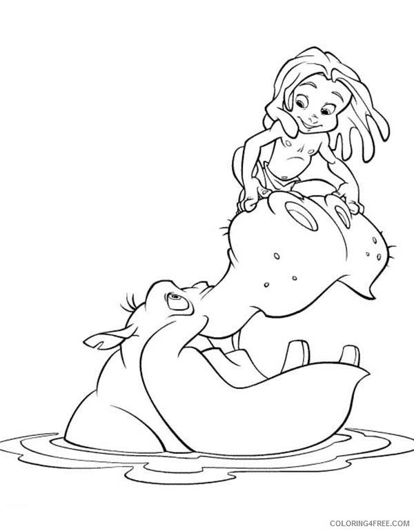 Tarzan Coloring Pages Cartoons Little Tarzan Sitting on Hippos Mouth Printable 2020 6104 Coloring4free