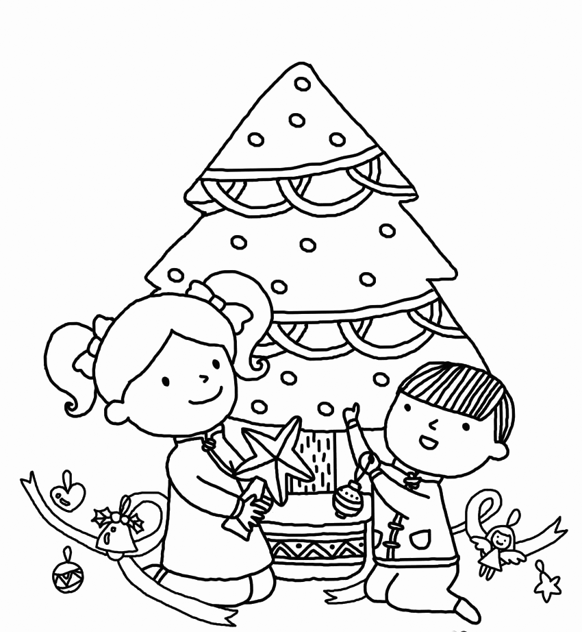 Christmas Tree Coloring Pages Cute Children Decorating Christmas Tree 2020 354 Coloring4free