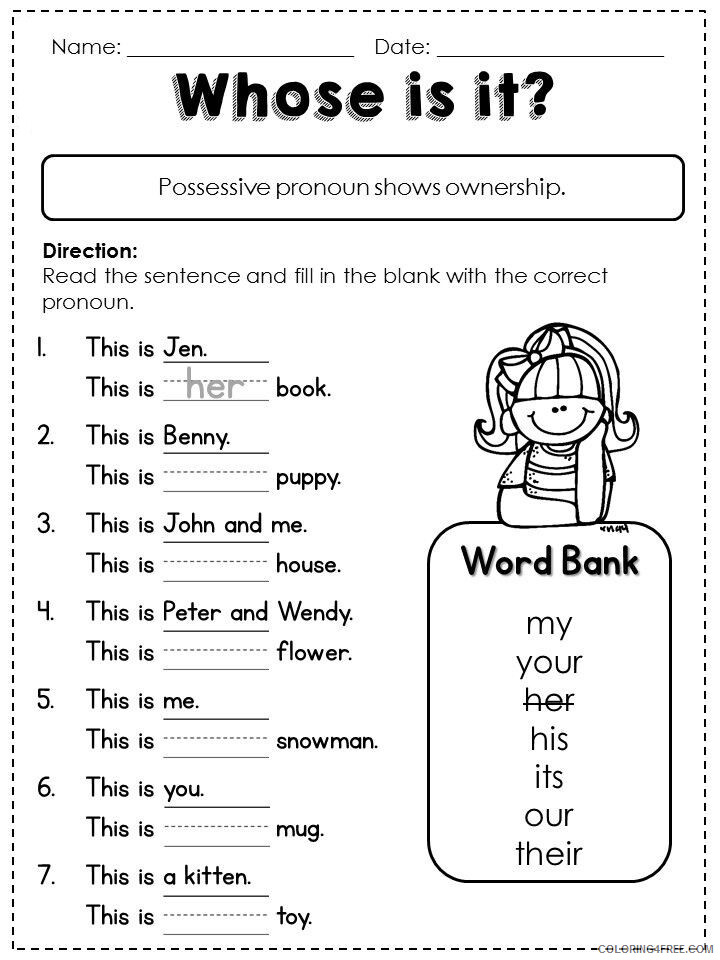 1st Grade Coloring Pages Educational English Worksheets Pronouns 2020 0048 Coloring4free
