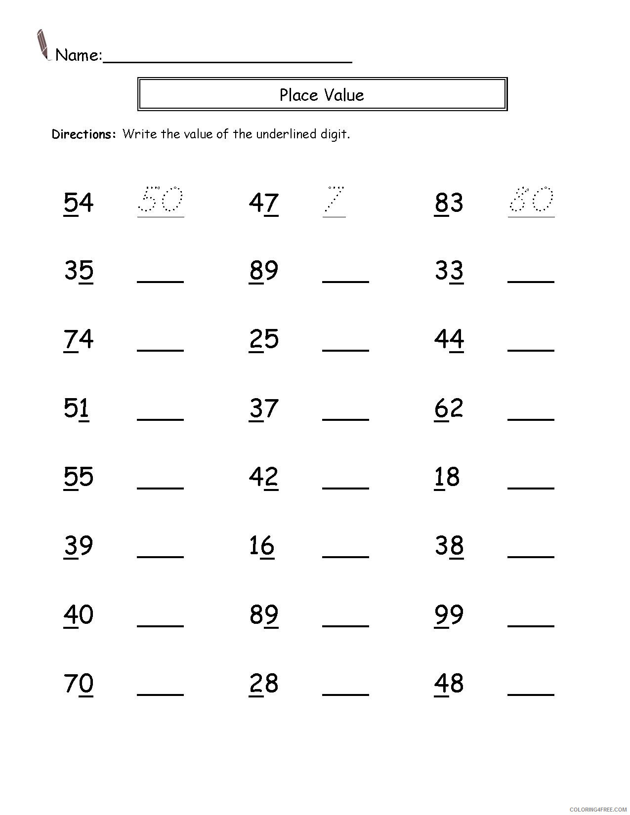 2nd Grade Coloring Pages Educational Math Worksheets Values Printable 2020 0155 Coloring4free