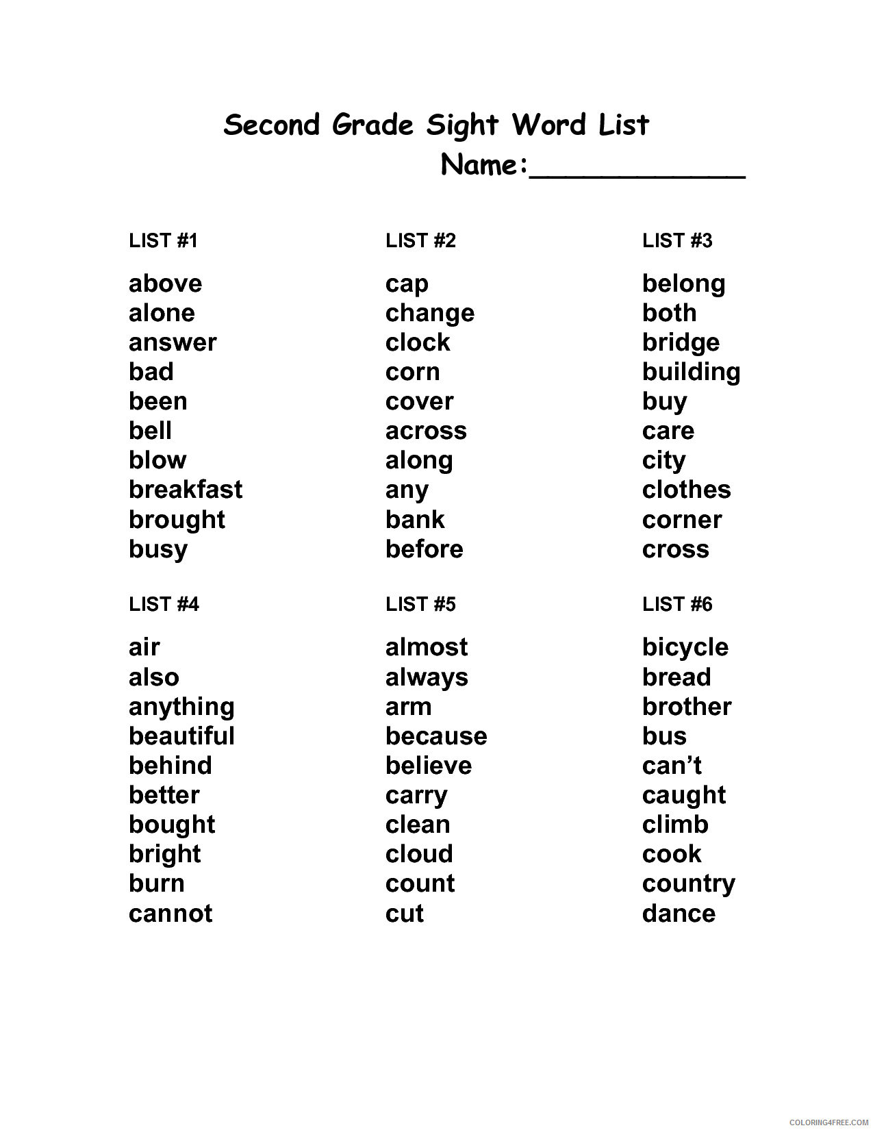 2nd Grade Coloring Pages Educational Spelling Word List Printable 2020 0181 Coloring4free