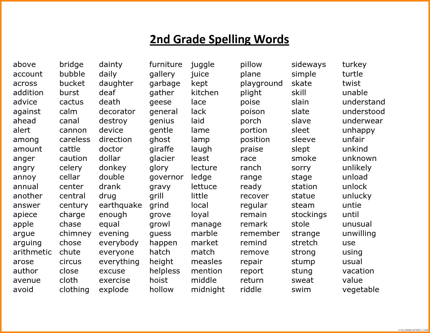 2nd Grade Coloring Pages Educational Spelling Words Printable 2020 0183 Coloring4free