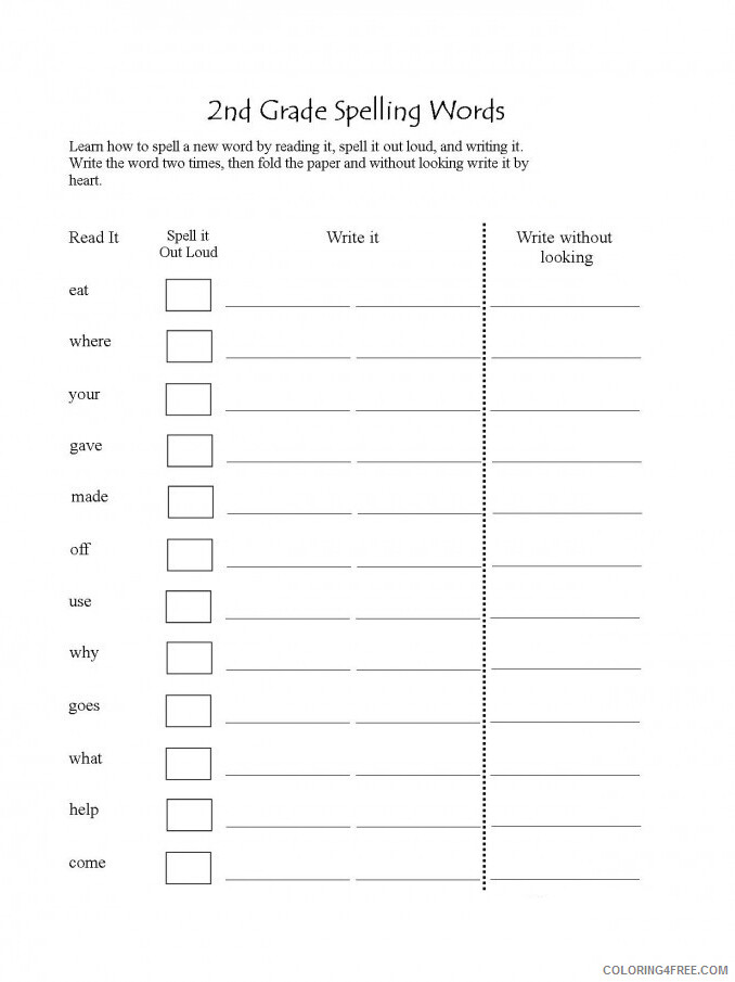 2nd Grade Coloring Pages Educational Spelling Words Sheet Printable 2020 0193 Coloring4free