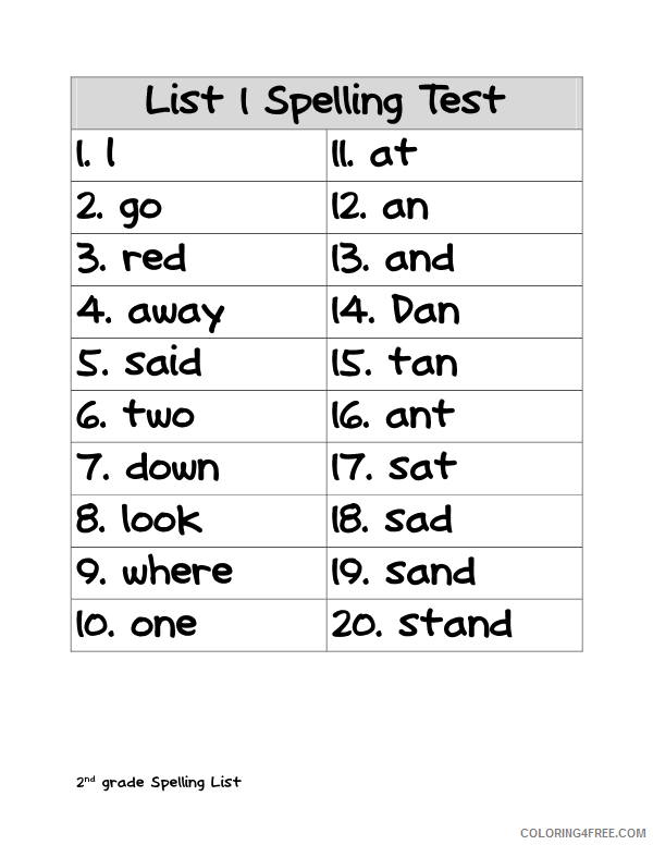 2nd Grade Coloring Pages Educational Spelling Words Test Printable 2020 0194 Coloring4free