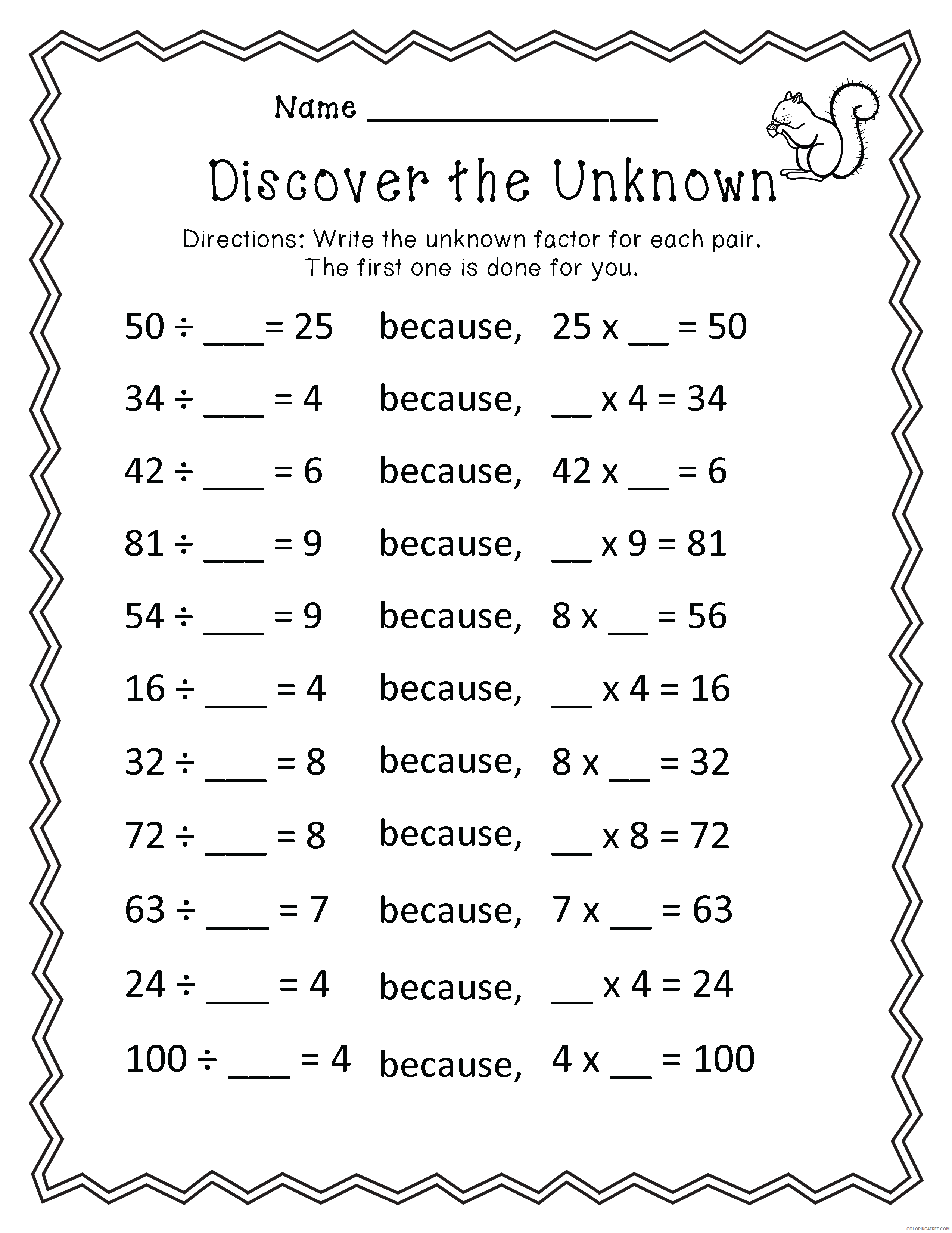 3rd Grade Coloring Pages Educational Math Worksheet Unknown Factors 2020 0270 Coloring4free