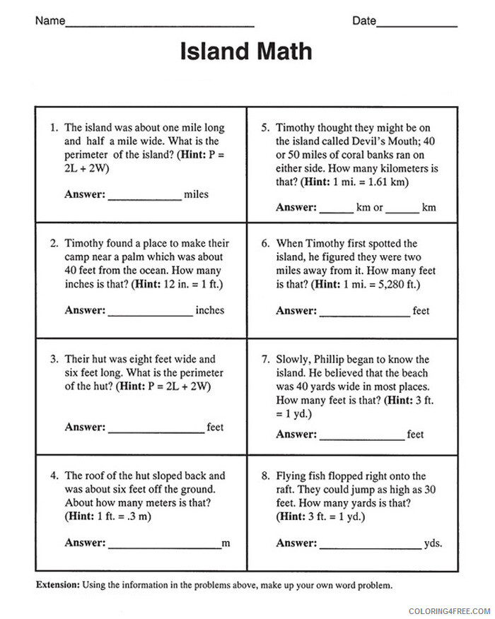 4th Grade Coloring Pages Educational Island Math Word Problems Print 2020 0307 Coloring4free