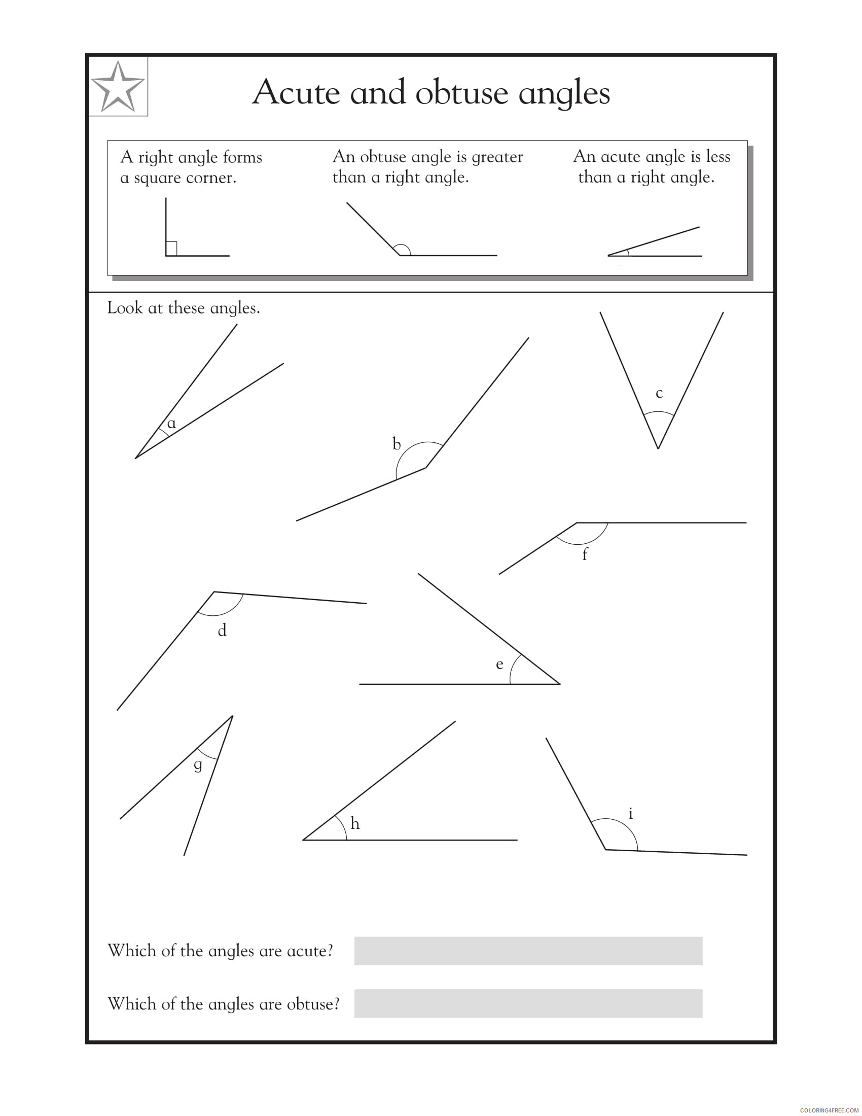 4th Grade Coloring Pages Educational Math Angles Worksheet Printable 2020 0309 Coloring4free