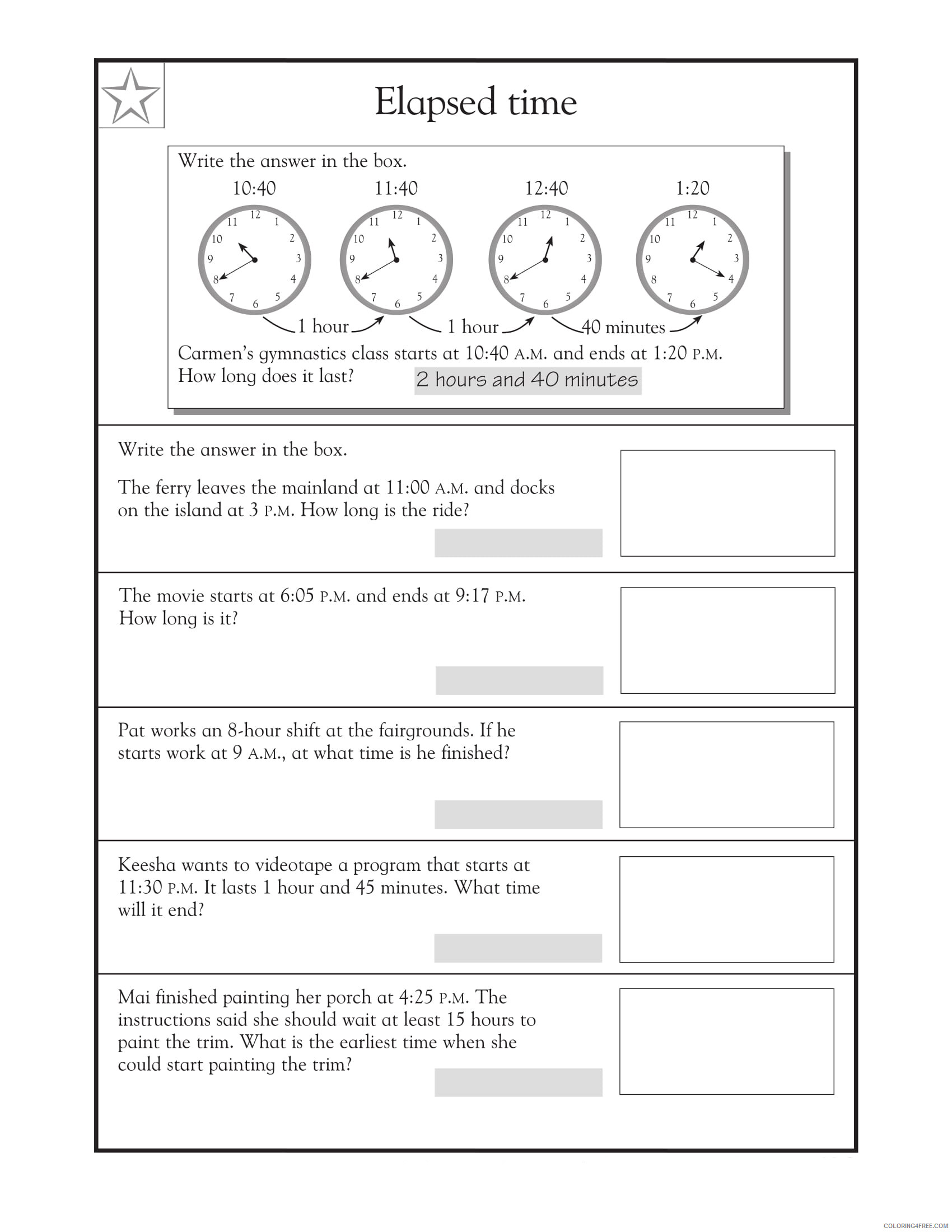 4th Grade Coloring Pages Educational Math Time Word Problems Printable 2020 0324 Coloring4free