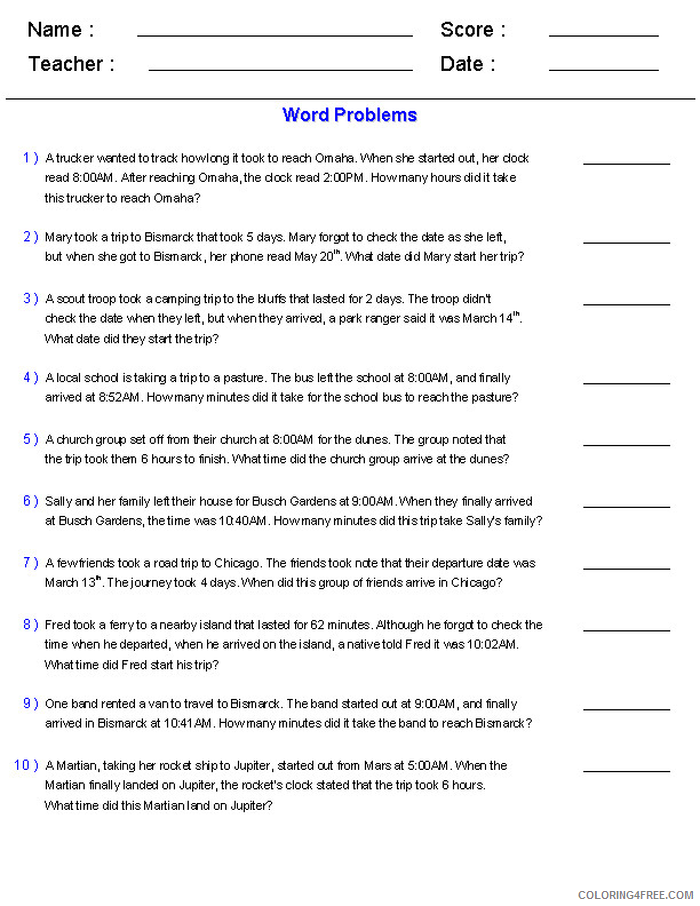 4th Grade Coloring Pages Educational Math Word Problem Sheet Printable 2020 0328 Coloring4free