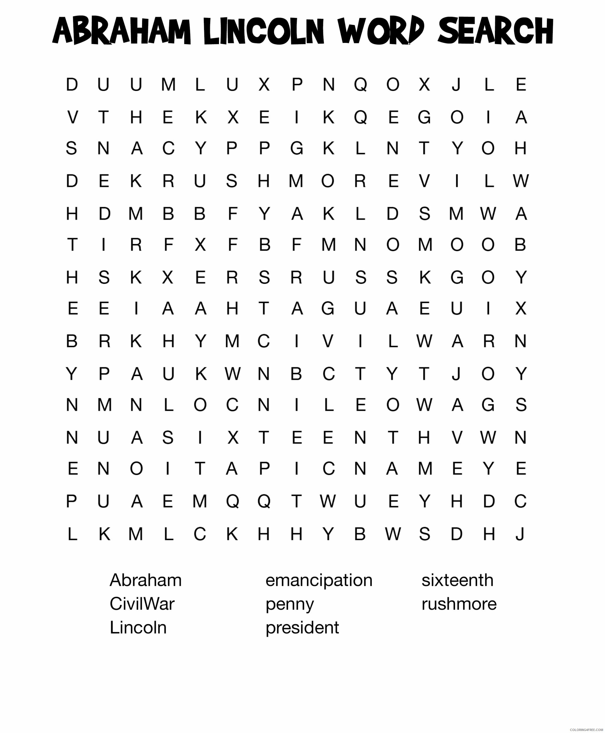 Abraham Lincoln Coloring Pages Educational Word Search Printable 2020 0525 Coloring4free