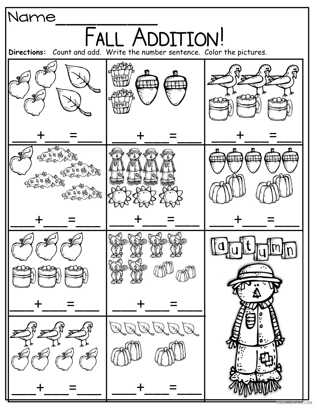 Addition Coloring Pages Educational Fall Kindergarten Math Worksheets 2020 0569 Coloring4free