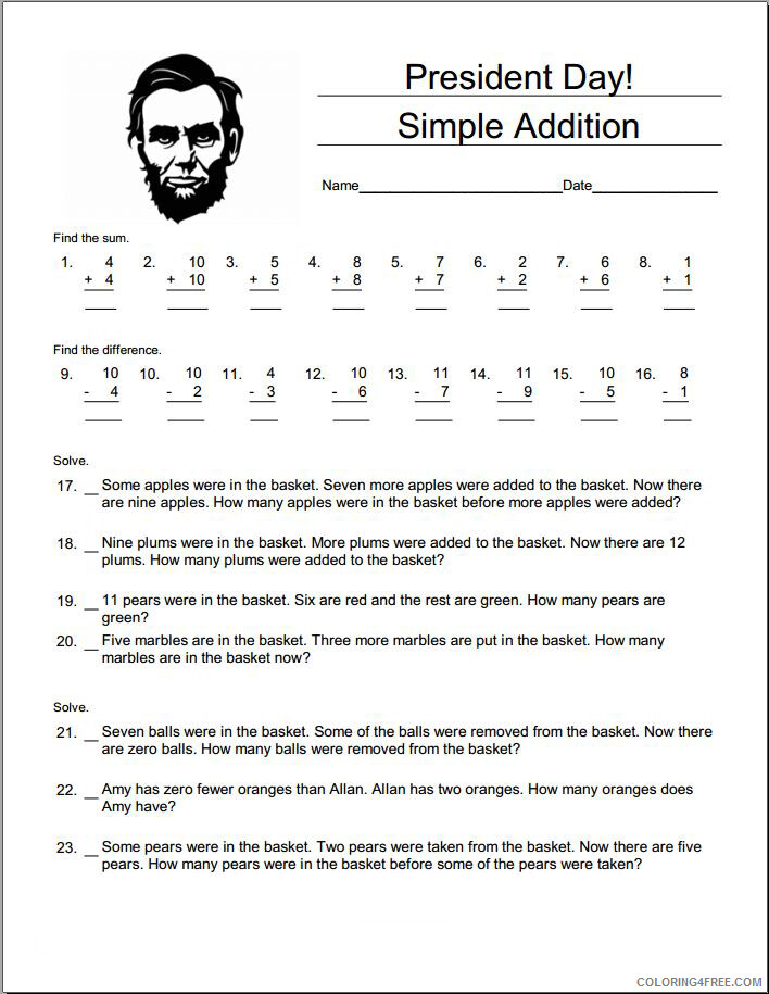 Addition Coloring Pages Educational Presidents Day Worksheet Printable 2020 0580 Coloring4free