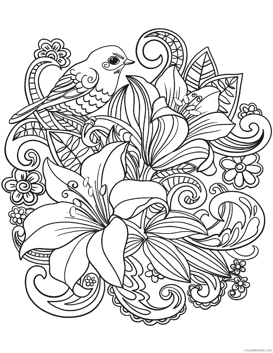 Adult Floral Coloring Pages Bird Bouquet Floral For Adults Printable 2020 319 Coloring4free