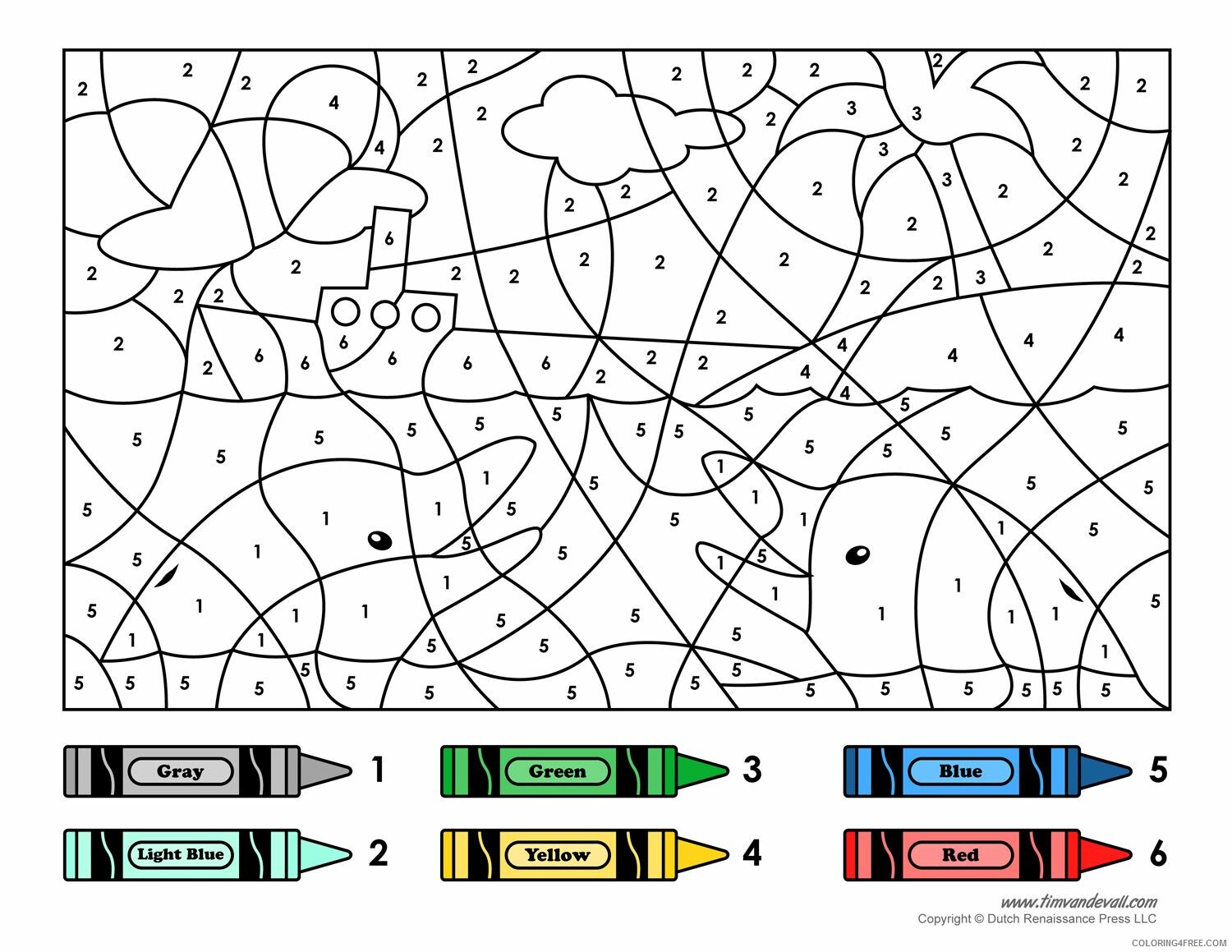 Color By Number Coloring Pages Educational Dolphins and Boat Printable 2020 1046 Coloring4free
