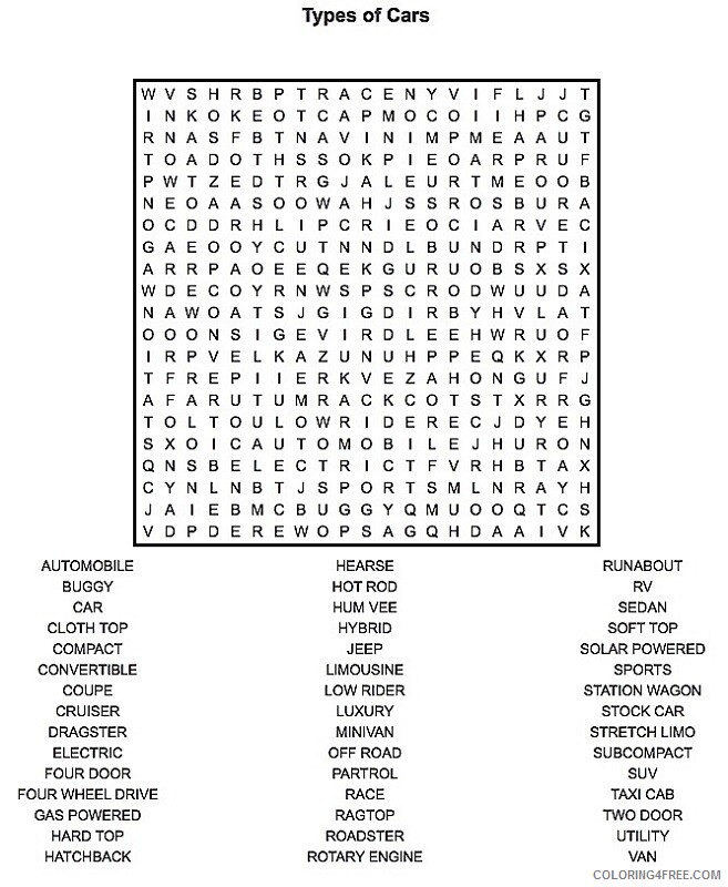 Word Searches Coloring Pages Educational Cars Printable 2020 2085 Coloring4free