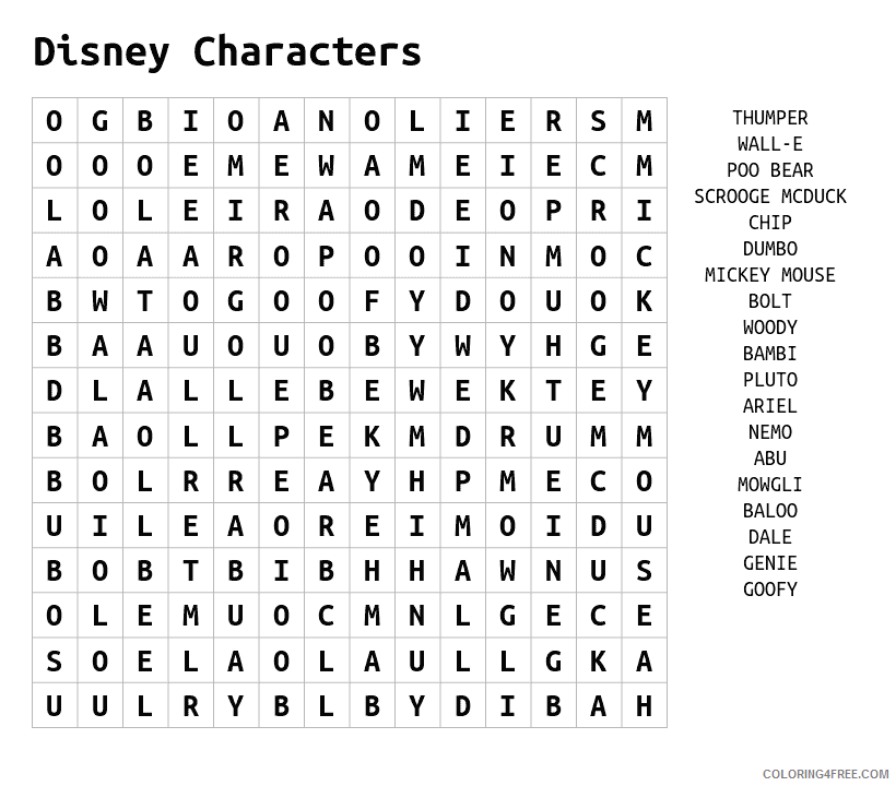 Word Searches Coloring Pages Educational Disney Characters Printable 2020 2091 Coloring4free
