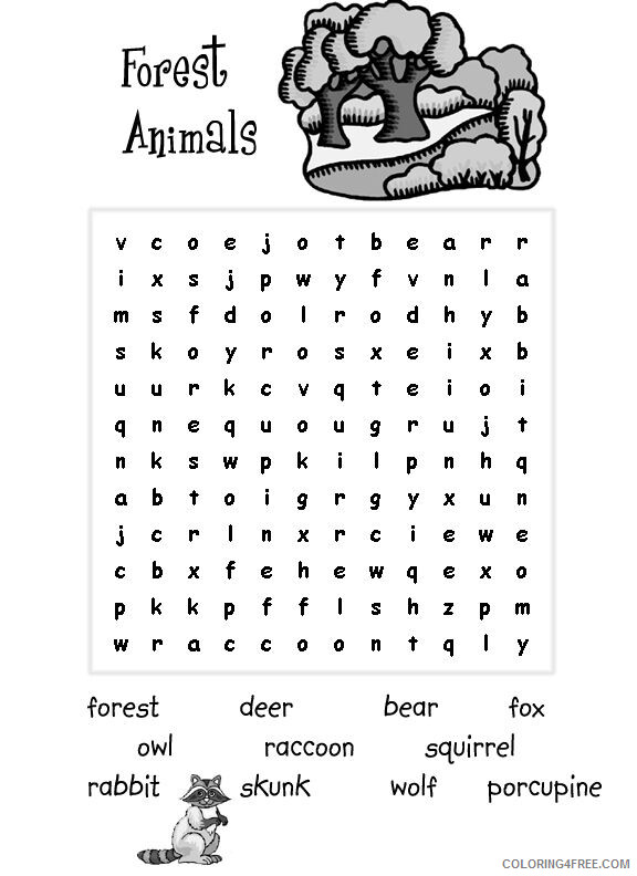 Word Searches Coloring Pages Educational Forest Animals Easy for Kids 2020 2112 Coloring4free