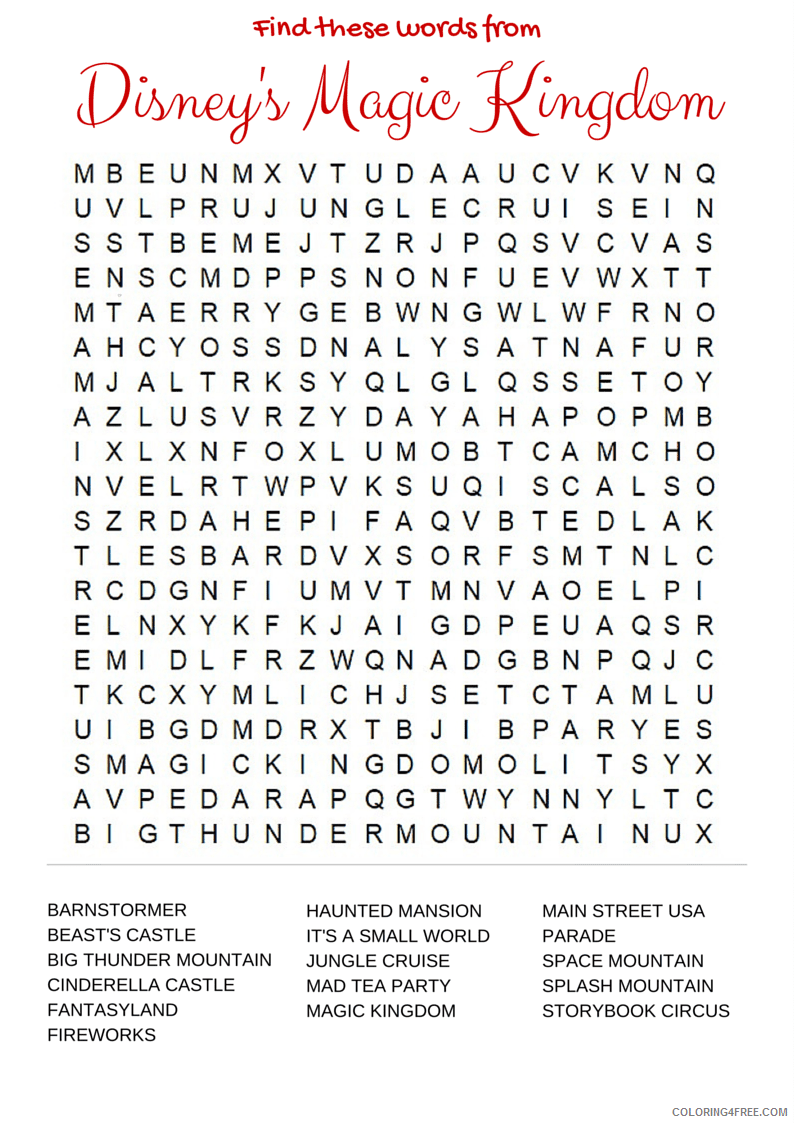 Word Searches Coloring Pages Educational Magic Kingdom Disney Printable 2020 2127 Coloring4free
