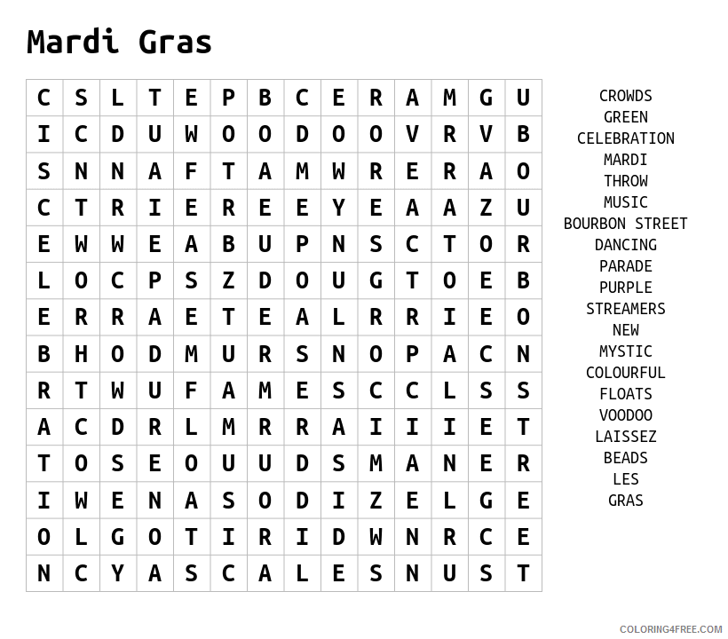 Word Searches Coloring Pages Educational Mardi Gras Printable 2020 2129 Coloring4free