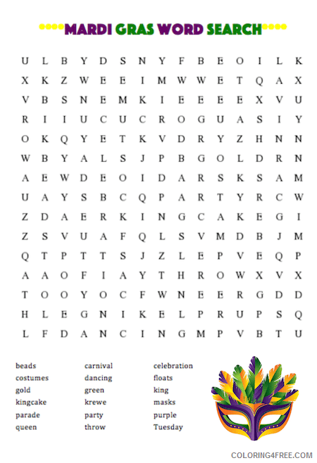 Word Searches Coloring Pages Educational Mardi Gras Printable 2020 2130 Coloring4free