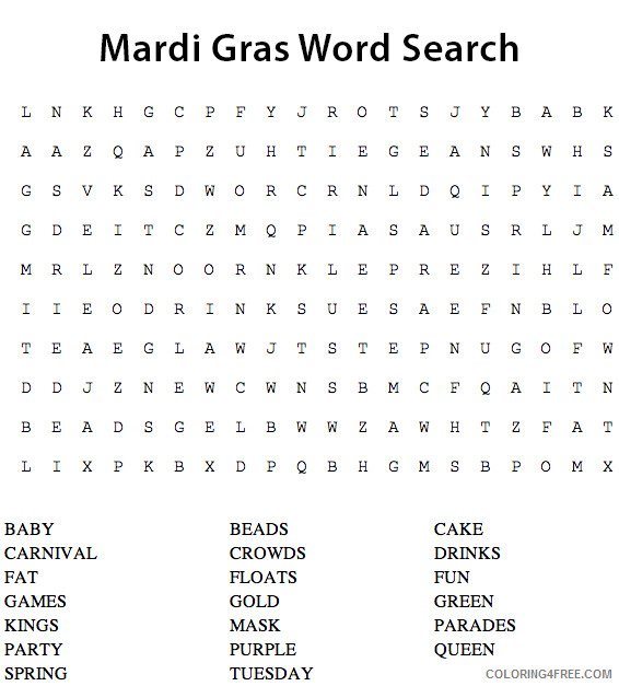 Word Searches Coloring Pages Educational Mardi Gras WordSearch Printable 2020 2128 Coloring4free