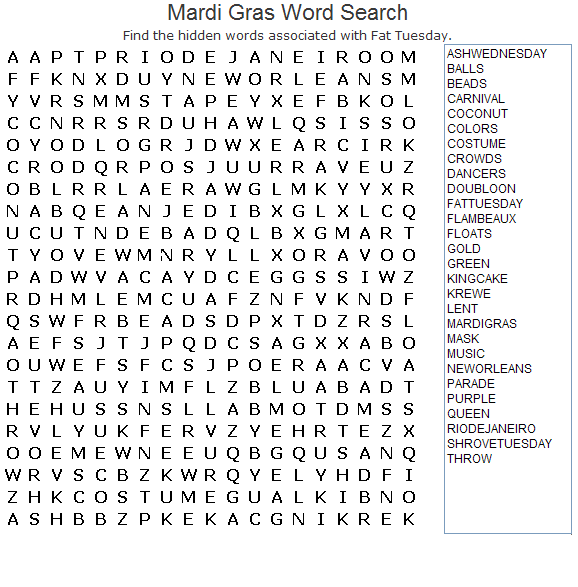 Word Searches Coloring Pages Educational Mardi Gras Worksheets 2020 2131 Coloring4free