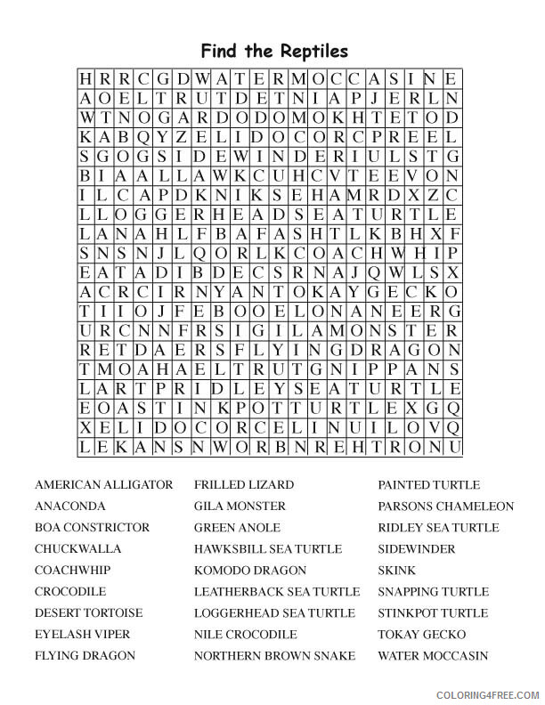 Word Searches Coloring Pages Educational Reptiles Game Printable 2020 2142 Coloring4free