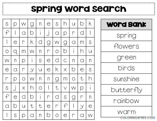 Word Searches Coloring Pages Educational Simple Spring Printable 2020 2145 Coloring4free