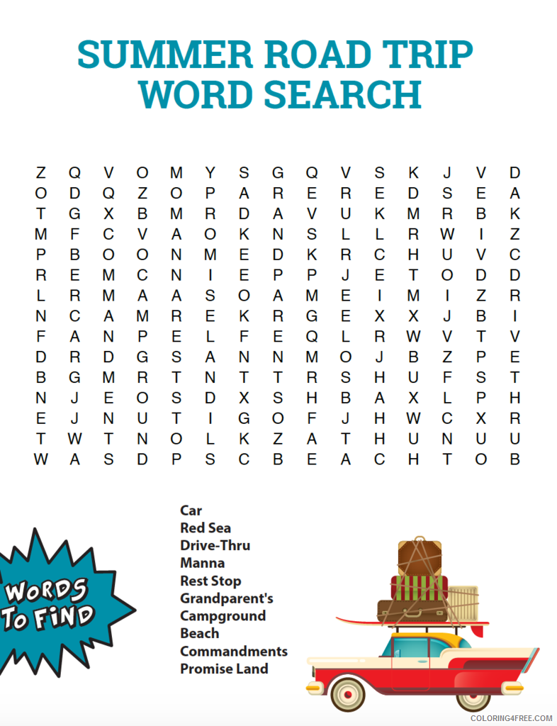 Word Searches Coloring Pages Educational Summer Road Trip Printable 2020 2160 Coloring4free Coloring4free Com
