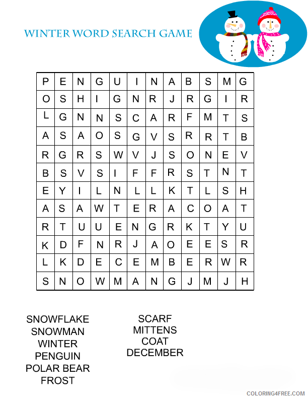 Word Searches Coloring Pages Educational Winter Game Printable 2020 2189 Coloring4free