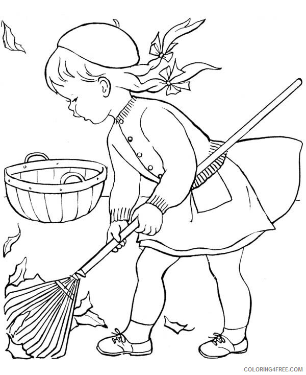Girl Coloring Pages for Girls Little Girl Sweeping in Autumn Leaves 2021 0596 Coloring4free