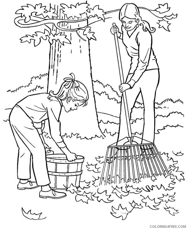 Autumn Coloring Pages Nature Mother and Daughter Cleaning Up Leaves Print 2021 Coloring4free