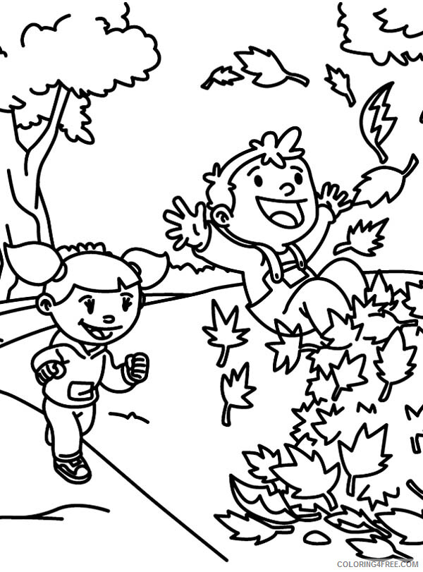 Autumn Coloring Pages Nature Two Little Happy Kids Lay in Stack of Leaves 2021 Coloring4free
