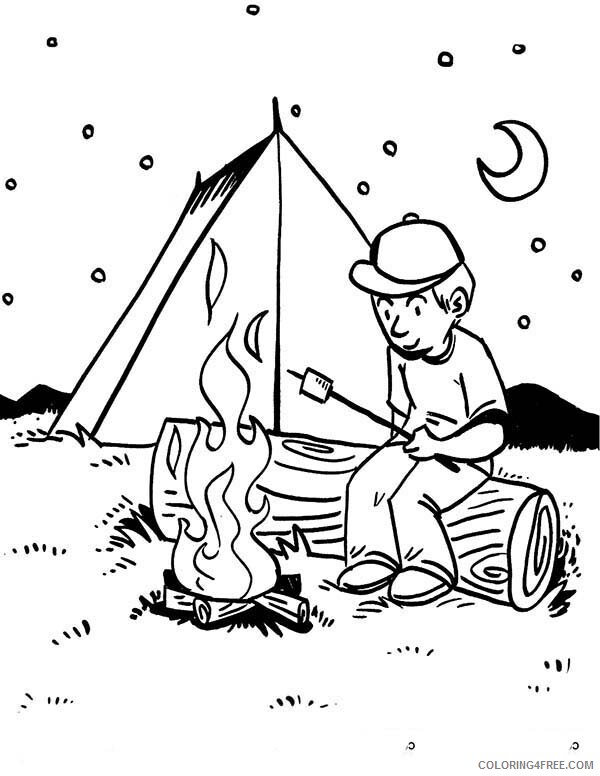 Camping Coloring Pages Boy Roasting Delicious Marsmallow Printable 2021 1291 Coloring4free