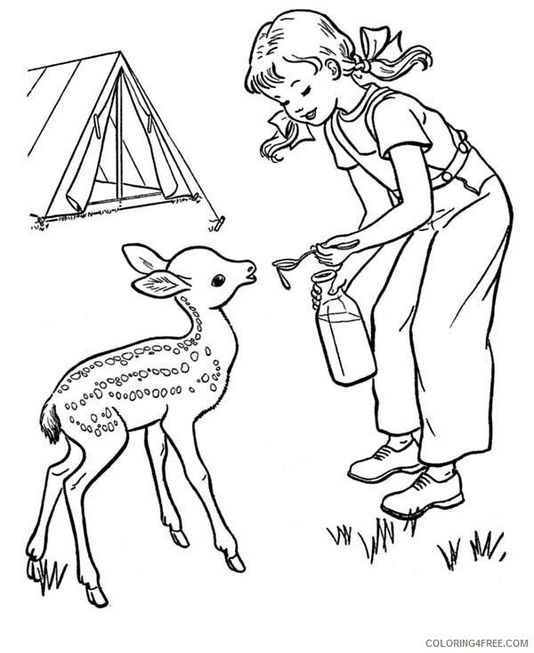 Camping Coloring Pages Little Girl Give Water to Thirsty Fawn When Camping 2021 Coloring4free