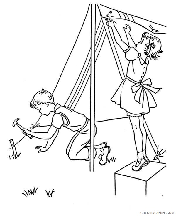 Camping Coloring Pages Two Kids Building Camping Tent Printable 2021 1356 Coloring4free