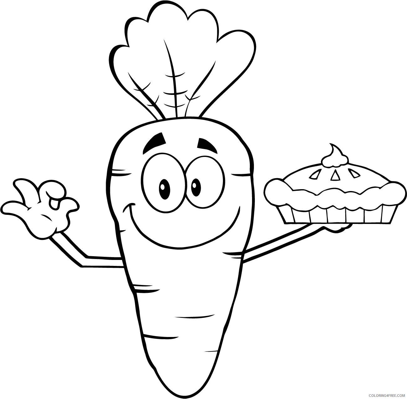Carrot Coloring Pages Vegetables Food smiling cartoon carrot holding up a pie 2021 Coloring4free