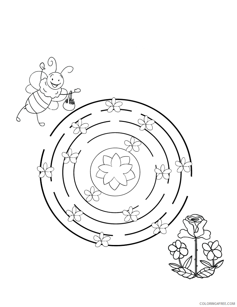 Printable Flower Coloring Pages Flowers Nature Bee to Flower Easy Mazes 2021 Coloring4free