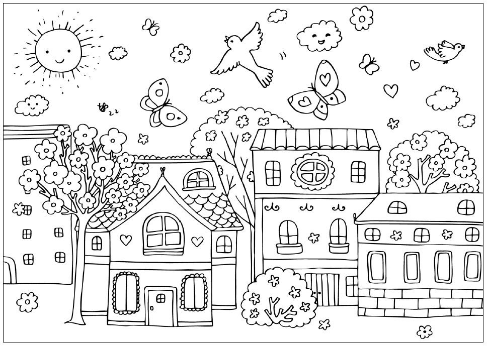 Spring Coloring Pages Nature Spring Town Scene Printable 2021 612 Coloring4free