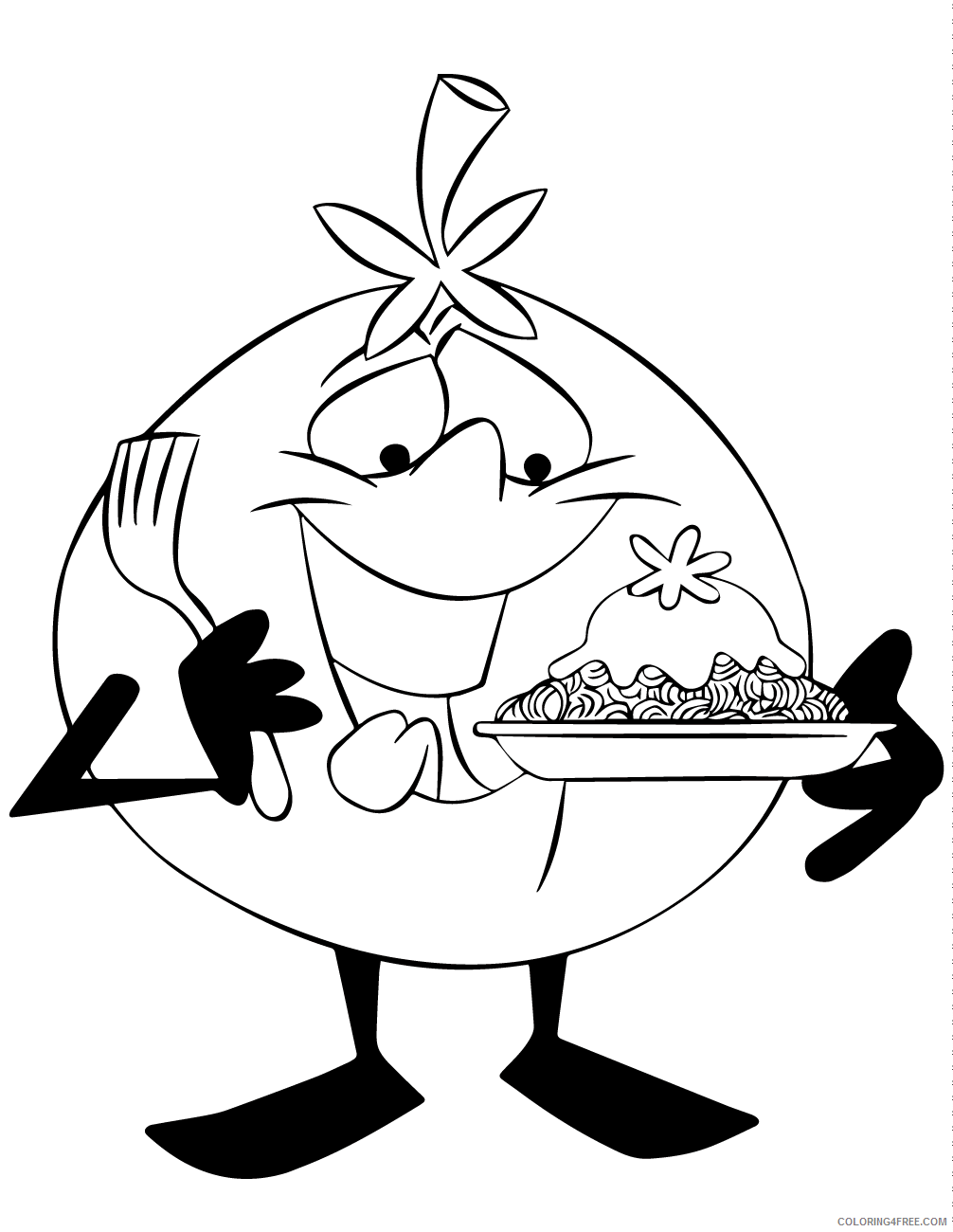 Tomato Coloring Pages Vegetables Food cartoon character eating pasta Printable 2021 Coloring4free