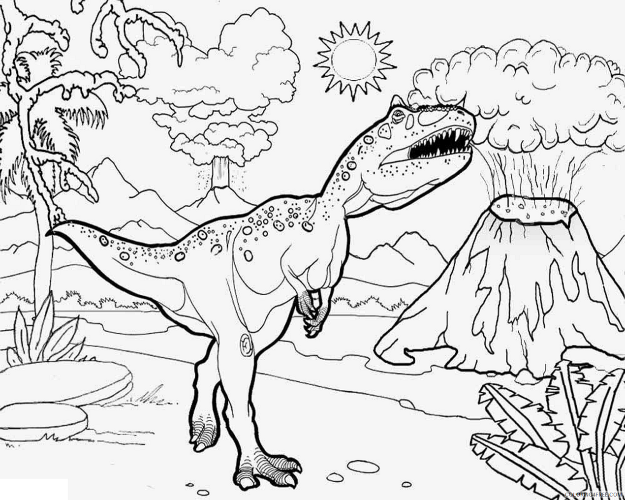 Volcano Coloring Pages Nature t_rex_with_volcanoes_around Printable 2021 756 Coloring4free