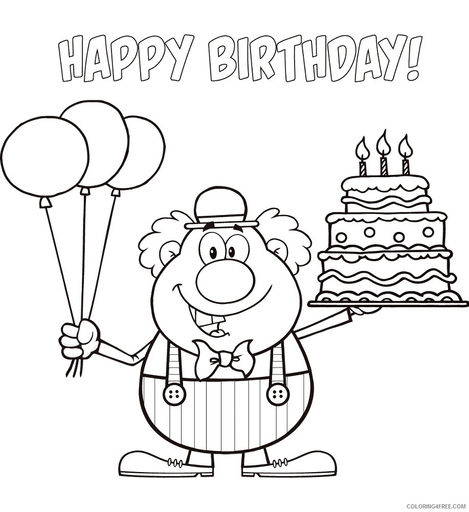 Clown Coloring Pages happy birthday clown with balloons and cake Printable 2021 Coloring4free