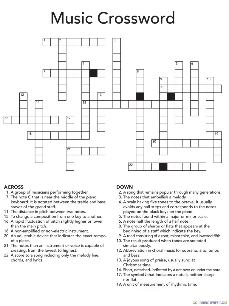 Crossword Puzzle Coloring Pages Music Crossword Puzzle for Adults Printable 2021 Coloring4free