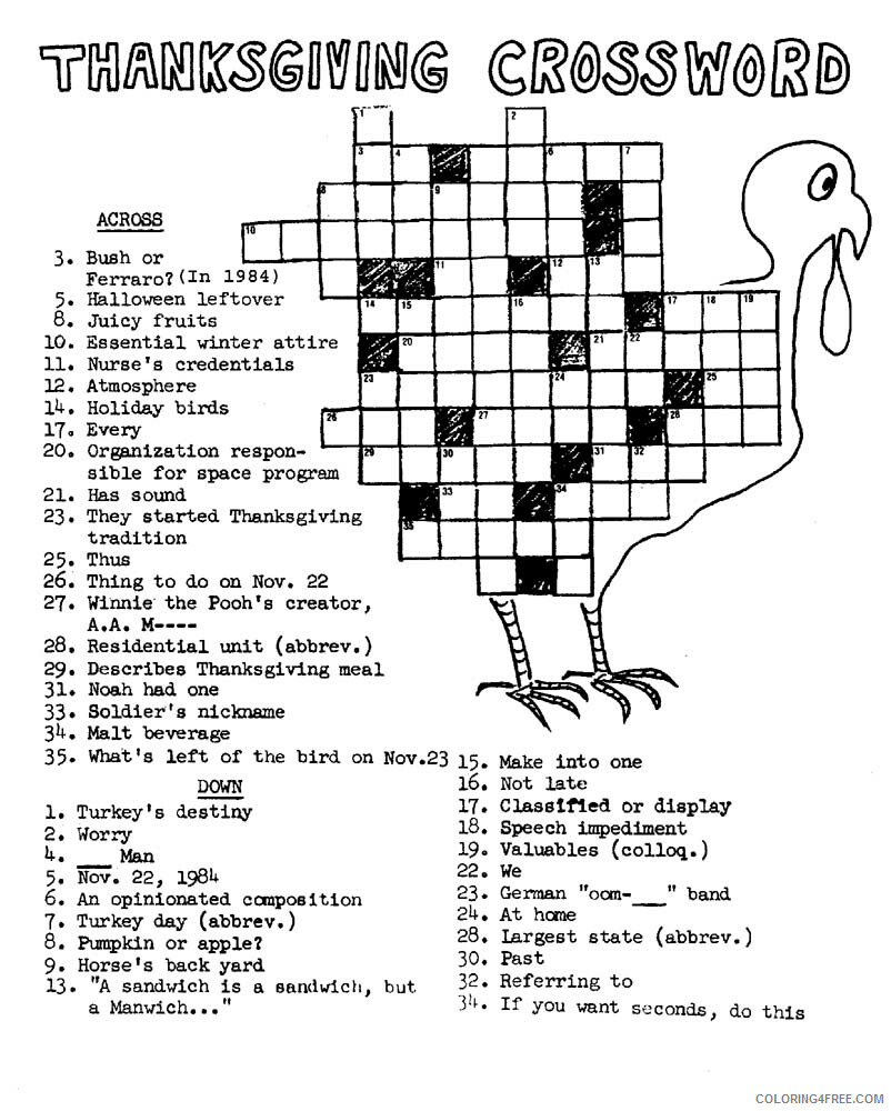 Crossword Puzzle Coloring Pages Printable Thanksgiving Crossword Puzzle 2021 1916 Coloring4free