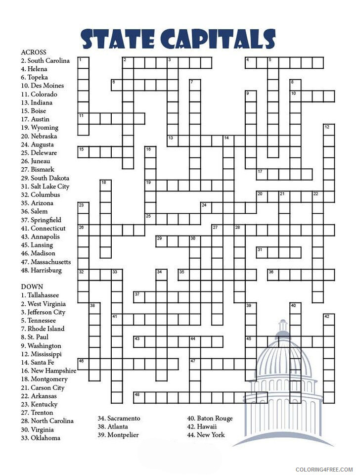 Crossword Puzzle Coloring Pages State Capitals Crossword Puzzle for Adults 2021 Coloring4free